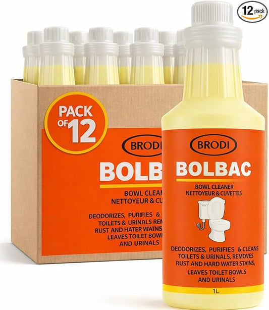 Brodi BolBac Heavy Duty Toilet Bowl Cleaner, High-Power 25-30% HCI Formula, Fast Lime & Rust Removal, Fixture-Safe, Removes Odor-Causing Build-Up (Pack of 12)