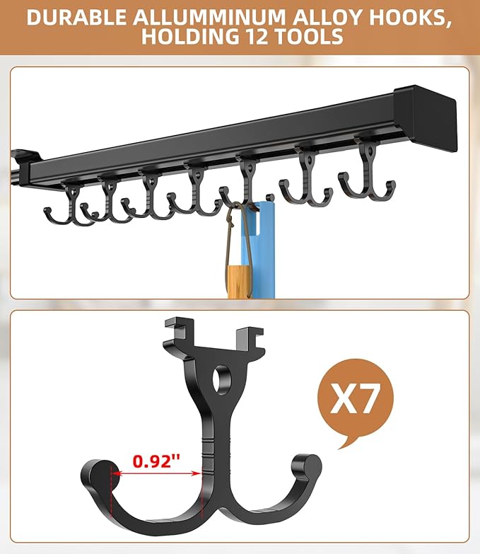 Pull Out Broom Holder With Adjustable Double Row Sliding Hook, Multifunctional Slide Broom And Mop Storage/Organizer Garage Organization Hooks, for Closet Laundry - 41cm/16.14inch
