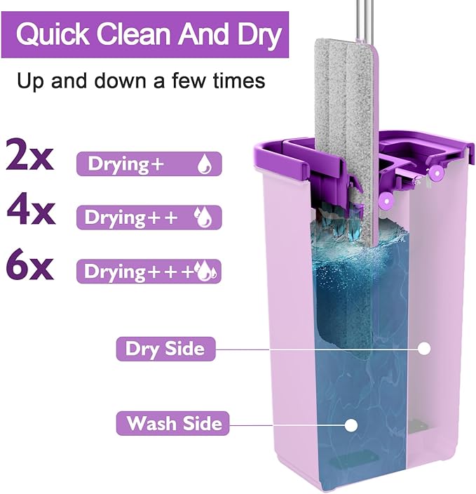 BOSHENG Mop and Bucket with Wringer Set, Hands Free Flat Floor Mop and Bucket, 3 Washable Microfiber Pads Included, Wet and Dry Use, Home Floor Cleaning System for All Floor Types and Windows, Purple