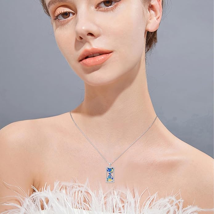 Hourglass Necklace 925 Sterling Silver Sun Moon Star Time Hourglass Pendant Necklaces Blue Memorial Jewelry for Women With 18+2 In Chain