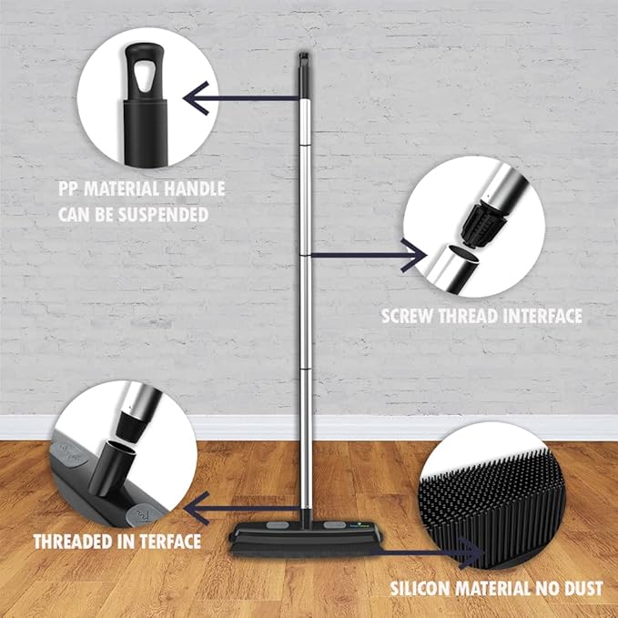 Rubber Bristle Broom and Rubber Squeegee Snap on Dustpan Set with Portable Push Broom Rug Squeegee and Extendable Telescoping Handle for Pet Hair Removal Home Office Fabric Carpet Floor Desk Black