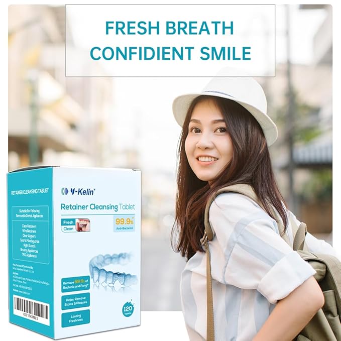 Y-Kelin Retainer and Denture Cleaner 120 Tablets for 4 Months Removes Stains Plaque Odors for Dentures Retainers Mouth Guard and Removable Dental Appliances (120 PCS, Mint Flavor)