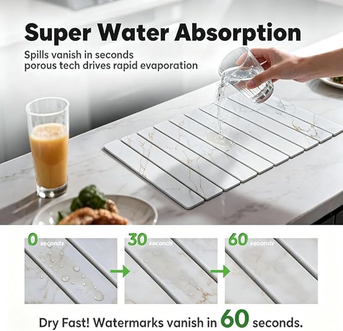 Stone Drying Mat for Kitchen Counter, Quick Diatomaceous Earth Mats for Dishes, 23.6"L x 15.7" W Super Absorbent Fast-Drying Collapsible Countertop Stone Mat (Marble Gold White, 24" x 16")