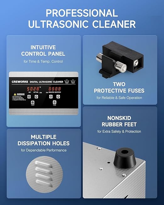 CREWORKS 10L Digital Ultrasonic Cleaning Machine with Heater & Timer, 240W Stainless Steel Ultrasonic Washing Machine, 2.6 gal Sonic Parts Cleaning Machine for Jewelry Glasses Auto Tool Machine Part