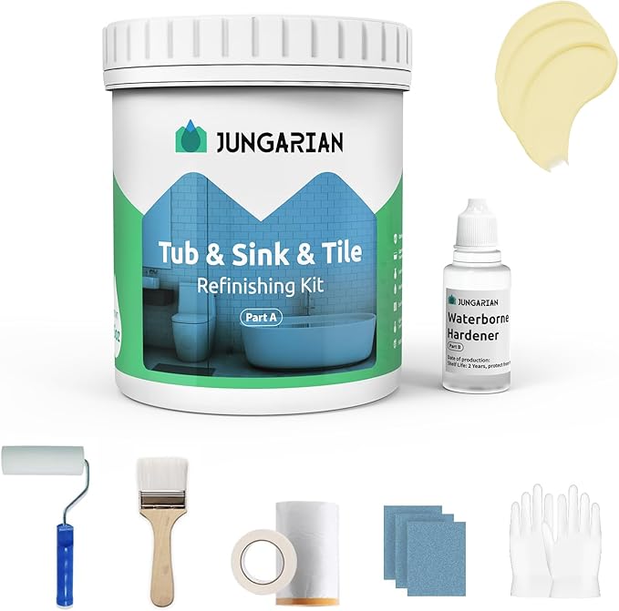 Tub and Tile Refinishing Kit 35oz with Tools, Low Odor DIY Bathroom Paint Sink Tub Countertop Tile Shower Paint for Bathroom Kitchen Porcelain Fiberglass, Semi-Gloss Icy Lemonade