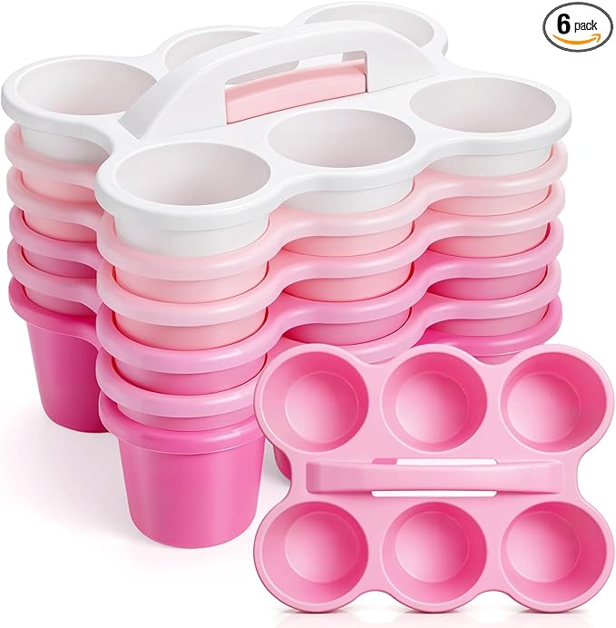 Suclain 6 Pcs Caddy Storage Basket with Handle, Plastic Drink Cup Caddy Holder, 6 Compartments for Table, Office, Arts, Crafts, Crayon, Marker, Pencil(Pink)