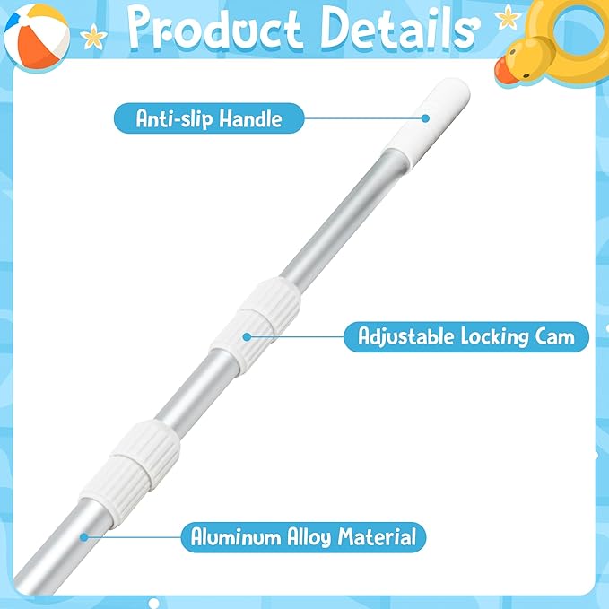 Swimming Pool Pole Telescopic - 15 FT Aluminum Pool Cleaning Pole, Heavy Duty Skimmer Telescoping Tool, Adjustable 3 Piece Extendable Cleaning Equipment for Skimmer Net Brush Vacuum Head Rake