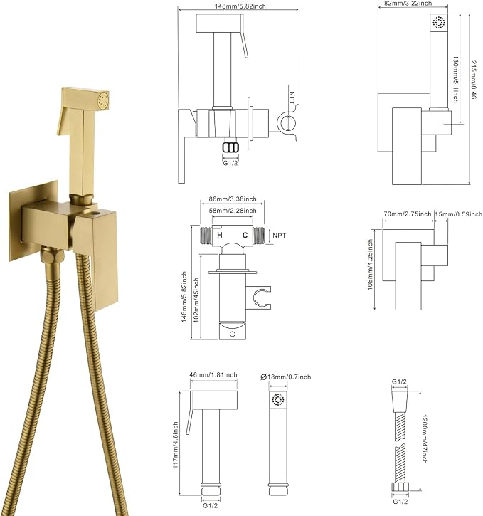 Handheld Bidet Sprayer Head Warm Water Mixing Kit Brushed Gold Brass | Square Bidet Hand Held Sprayer Shattaf Bathroom Attachment for Toilet with Concealed Hot and Cold Mixing Valve