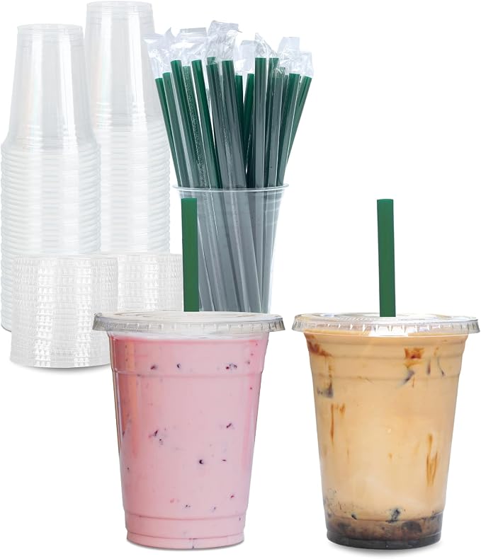 Aatriet [100 Sets] 16 oz Clear Plastic Cups with Lids and STRAWS, Disposable Party Cups for To Go Iced Coffee Cold Drinks, Smoothie, Juice, Parfait, Frappuccino, Milkshake. No Leaking Fruit Cup