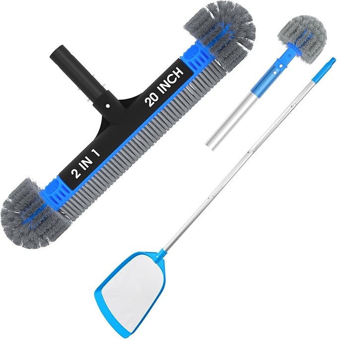 TidyMister 20'' 2-in-1 Heavy Duty Round Pool Brush with Fine Mesh Skimmer Net and 6 FT Poles