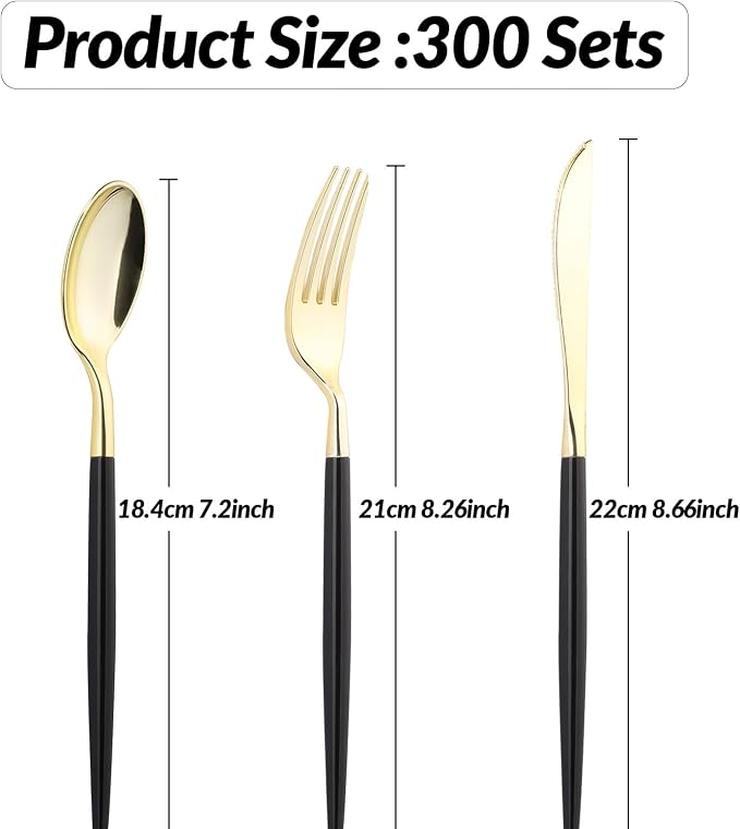 Goodluck 300PCS Black Gold Plastic Silverware Set for 100 Guests, 100 Knives, 100 Forks and 100 Spoons, Food-grade material free of BPA, Gold Plastic Cutlery Ideal for Weddings, Birthdays, Graduation