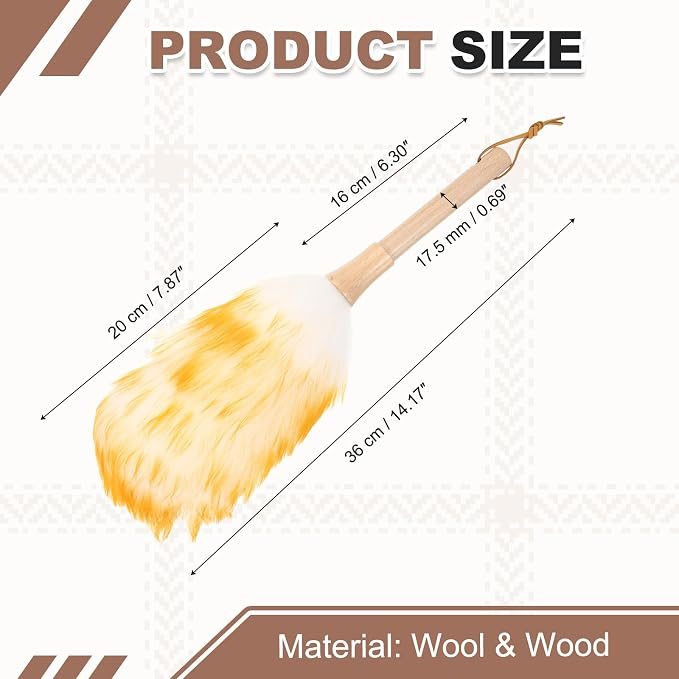 uxcell Wool Duster, 14.2" Natural Feather Cleaner Household Cleaning Duster with Solid Wooden Handle for Cleaning Fans Window Blinds Shelves Furniture, White Gold