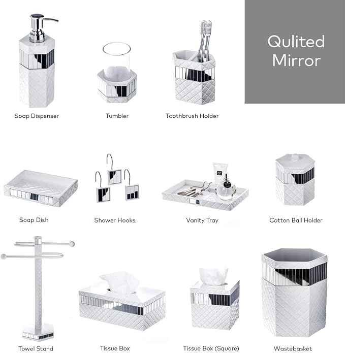 Creative Scents Quilted Mirror 6 Piece Bathroom Accessories Set