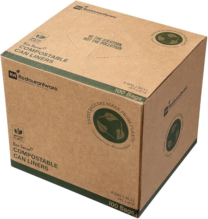 Restaurantware-RW Eco 8 Gallon Biodegradable Garbage Bags, 100 Compostable Trash Bags - Star Seal Bottom, Won't Tear Or Leak, Green Plastic Trash Can Liners, BPI-Certified, For Office And Homes