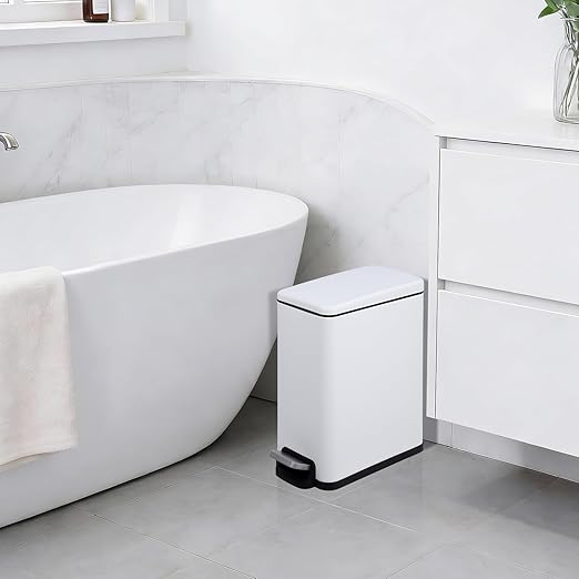Garvee 12 Gal and 2.6 Gal Stainless Steel Trash Can Combo Set, Slim Garbage Can for Kitchen and Bathroom, Metal Trash Bin with Removable Inner Bucket & Step On Foot Pedal, White