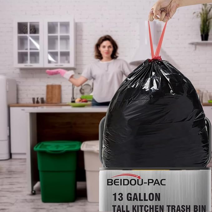 BEIDOU-PAC 13 Gallon Trash Bags Drawstring, 50 Count Bulk, Black & Unscented Garbage Bags, Multi-purpose Tall Kitchen Trash Bags Can Liners for Business Home Commercial and Industrial