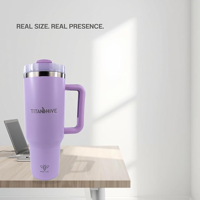 40 oz Insulated Stainless Steel Tumbler with Handle and Straw - Leak Resistant, Cup Holder Friendly Travel Mug (Purple)