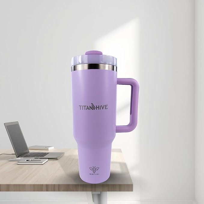 40 oz Insulated Stainless Steel Tumbler with Handle and Straw - Leak Resistant, Cup Holder Friendly Travel Mug (Purple)