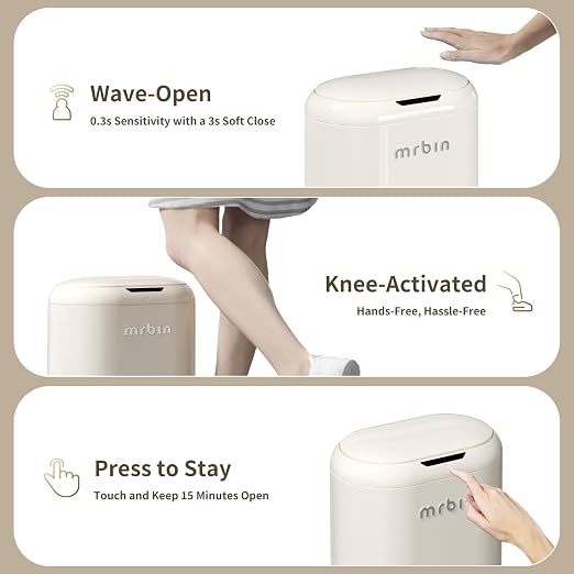 MRBIN Automatic Trash Can for Bathroom, Metal Touchless Garbage Bin with Lid, 3.2 Gallon Small Slim Trash Can for Office and Kitchen, Electric Motion Sensor Bedroom No Touch Bin, Cream White