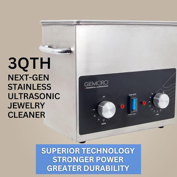 GemOro Ultrasonic Jewelry Cleaner | Heated Stainless Steel Personal Gentle Cleaner with Basket | Professional Performance Machine for Rings Watches Glasses Earrings