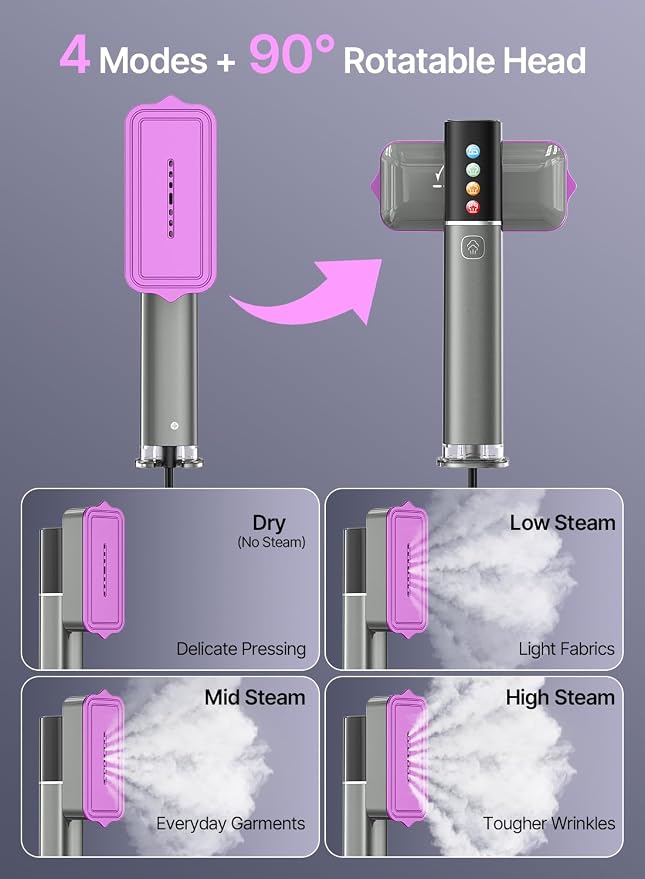 Steamer for Clothes, 1200W Clothes Steamer Handheld, 2 in 1 Travel Steamer Iron with LED Display, 15s Fast Heat Up, 4 Modes, 25g/min Steam, Portable Garment Steamer, 120V, Black Purple
