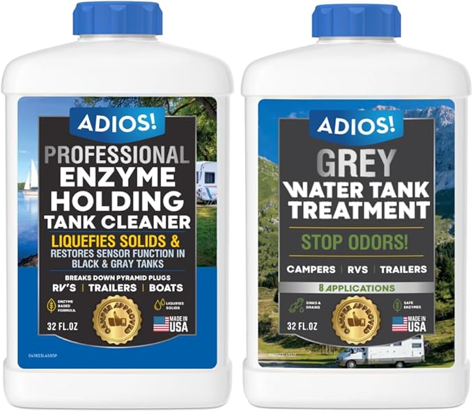 ADIOS! RV Black and Grey Tank Treament Kit - Stops Odors, Cleans Holding Tanks with Powerful Enzyme Action - Set of 32oz Bottles
