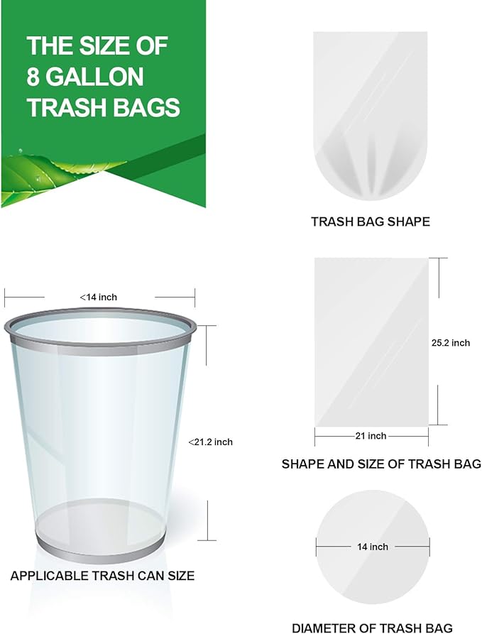 FORID Clear Trash Bags, 8 Gallon Garbage Bags, Wastebasket Bin Liners 110 Count Plastic Trash Bags for Bathroom Bedroom Office Garbage Can 30 Liters - Durable & Thick Trash Bag - Medium