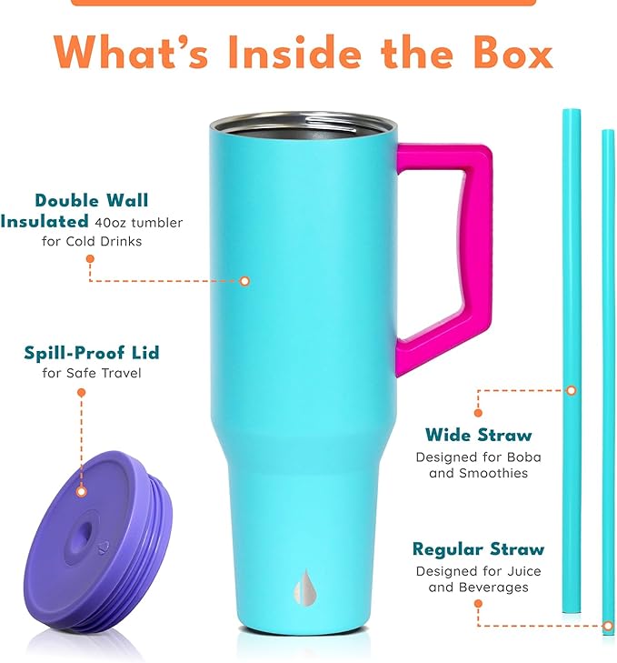 Elemental 40 oz Tumbler with Handle and Straw - Spill Proof Insulated Stainless Steel Commuter for Cold Beverages - Travel Coffee Mug with 2 Straws & Spill Proof Lid - 40oz - Blue Tie Dye