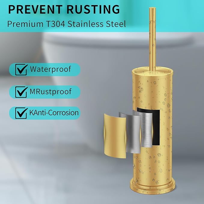 Gold Toilet Brush and Holder Set,304 Stainless Steel Toilet Brush for Bathroom with Long Handle, Heavy Duty Brass Toilet Bowl Brush,Removable Inner Bowl and Splash Protection,Deep Cleaning