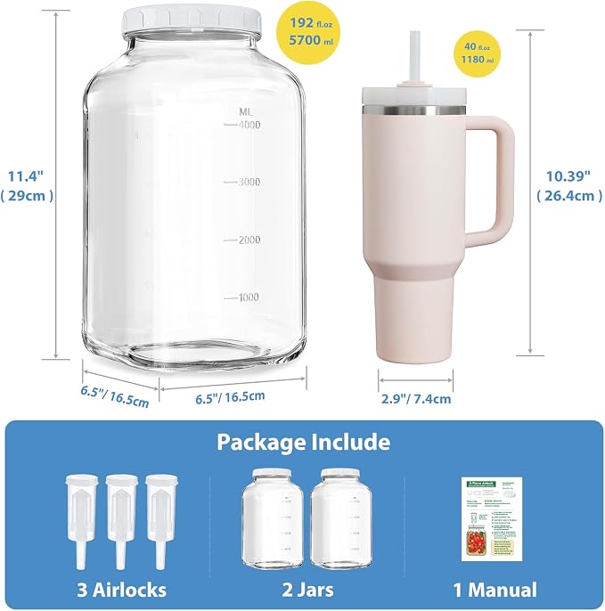 2 Pack Large Fermentation Jars, 1.5 Gallon Glass Jars with 100% Airtight Lid & 3 Airlocks, Large Mason Jars with Scale Line, Pickle Jar, Sourdough Starter Jar for Veggies, Sauerkraut, Kombucha