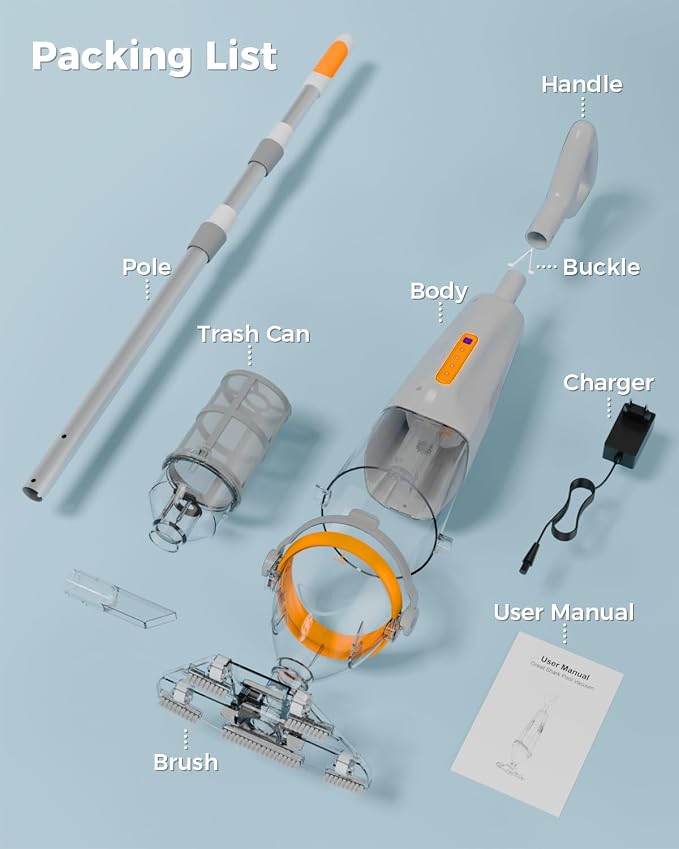 Great Shark Cordless Pool Vacuum with Remote Power Switch, 1.8m Telescopic Pole, 75 Min Runtime, 18 GPM Suction, Handheld Pool Vacuum for Above Ground & Inground Pools, Spa & Hot Tub