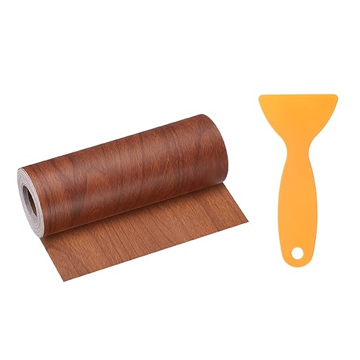 HARFINGTON Wood Grain Repair Tape 6 Inch x 33ft Self Adhesive Repair Patch Tape Simulated Wooden Floor Tapes with Plastic Scraper for Tables Doors Windows Furniture, Bright Brown Wood