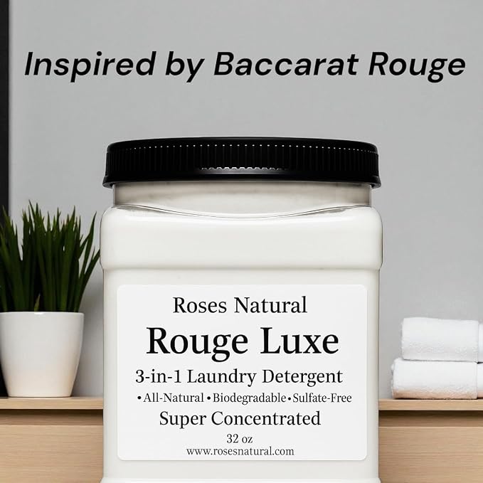 Rouge Luxe 3-in-1 Laundry Detergent Powder, HE Compatible, All-Natural, Sulfate-Free, Super Concentrated, 32 oz, Natural Detergent, Fabric Softener & Stain Remover, Plant-Based, Made in the USA