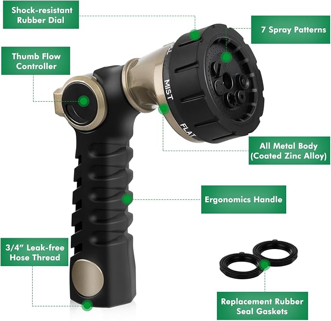 RESTMO Heavy Duty Hose Nozzle, Metal Garden Water Hose Sprayer, Thumb Control, On Off Valve, High Pressure Nozzle Sprayer for Watering Plants, Car and Pet Washing