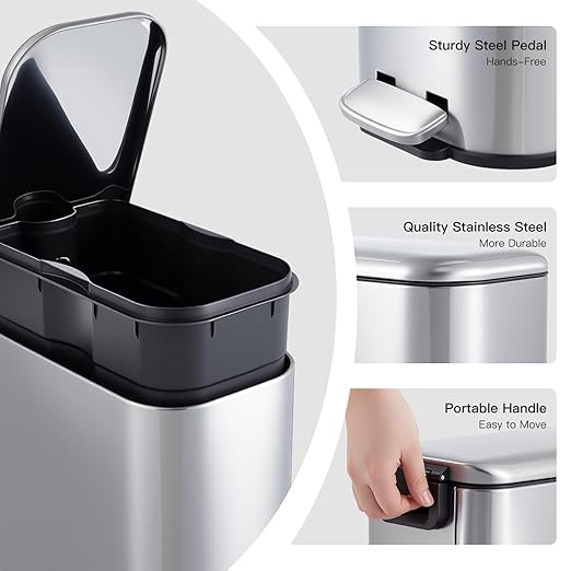 Bathroom Trash Can with Lid, 12L/3.2 gal Stainless Steel Step Trash Can, Slim Small Wastebasket with Removable Inner Bucket for Toilet Bedroom Office