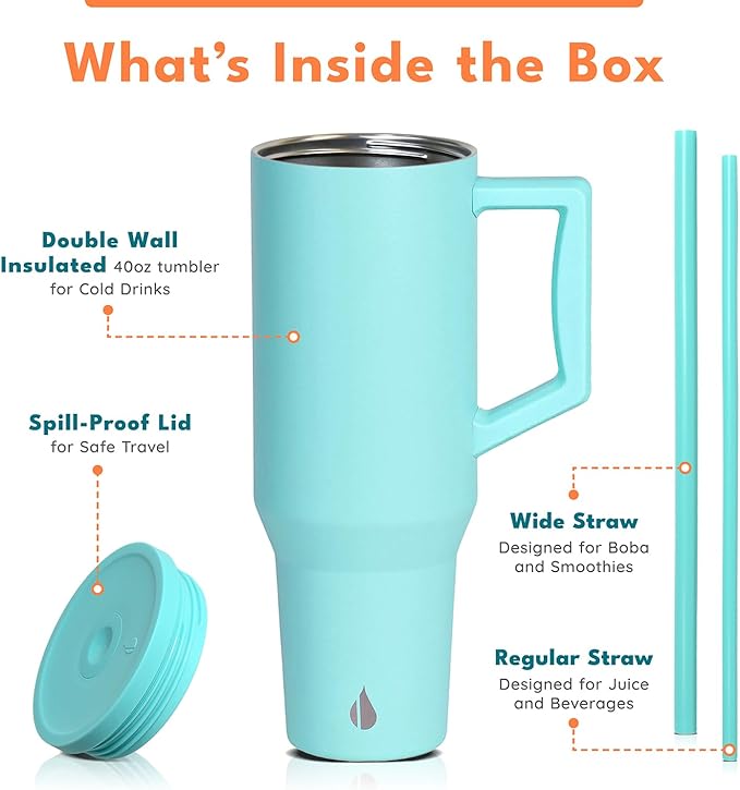 Elemental 40oz Tumbler with Handle and Straw - Spill Proof Insulated Stainless Steel Commuter for Cold Beverages - Travel Coffee Mug with 2 Straws & Spill Proof Lid - 40 oz - Robin's Egg