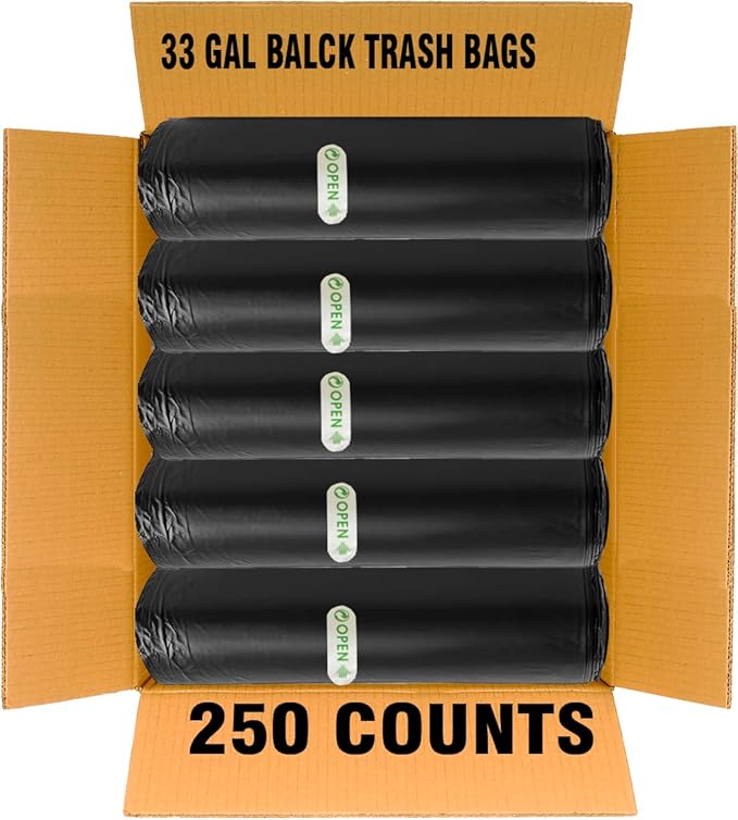 BEIDOU-PAC 33 Gallon Trash Bags, 250 Count Bulk, Black Garbage bags, Multi-purpose Trash Can Bin Liners for Home Commercial, Outdoor, Construction, Industrial, Janitorial, Municipal, Lawn, Leaf