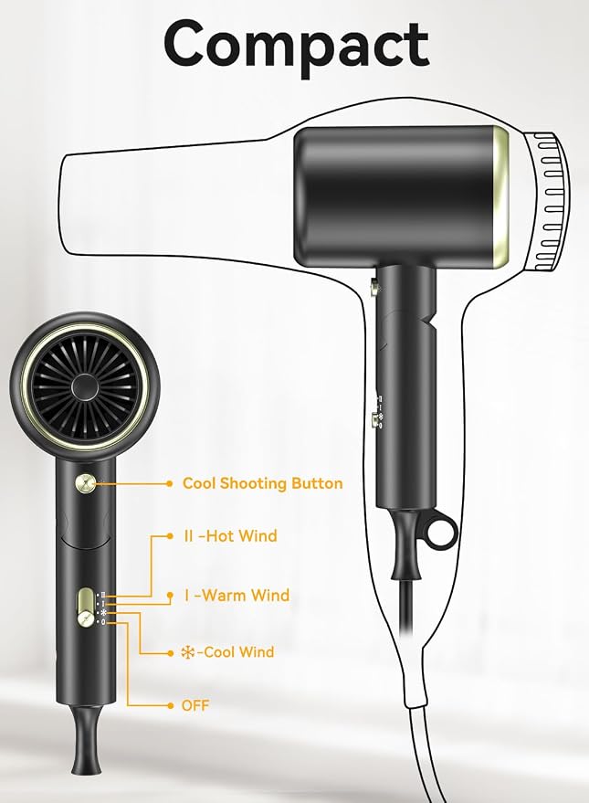 Hair Dryer, 150000RPM Ionic Blow Dryer - Fast Drying, Low Noise, Foldable Portable with Diffuser and Nozzle, Compact Mini for Women and Men, Home and Travel(Black)
