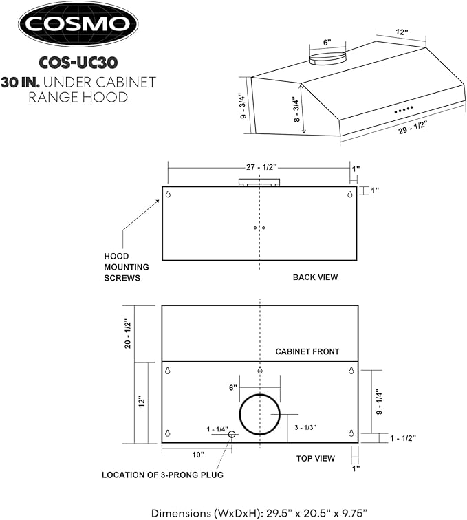 COSMO UC30 29.5 in. Ducted Under Cabinet Range Hood, Kitchen Over Stove Vent, 3-Speed Fan, Permanent Filters, LED Lights in Stainless Steel, 30 inch