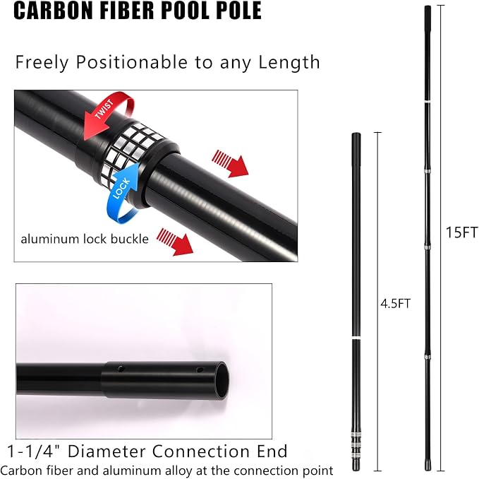 Swimming Pool Pole Carbon Fiber, 4-Section Telescopic 15 Foot, Lightweight and Easy to Grip Adjustable Cleaning Pole, Used for Pool Cleaning, Connected to Fishing net, rake, Brush