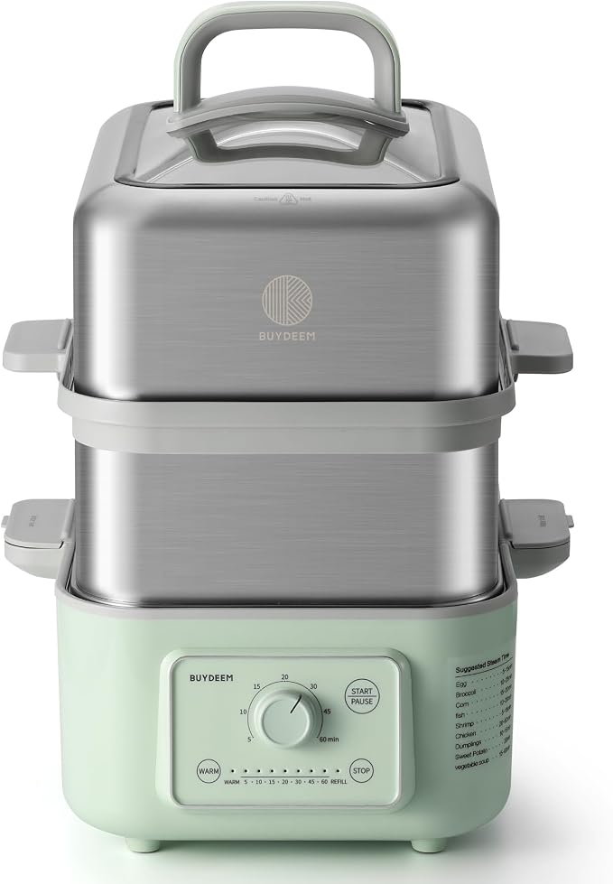 BUYDEEM G52 10.6 Quart 2-Tier Electric Food Steamer for 1-4 Servings, Vegetable Steamer for Cooking, 2-hour Keep Warm, 7 Preset Timings, Dual Boil-Dry Protection, Stainless Steel, Cozy Greenish