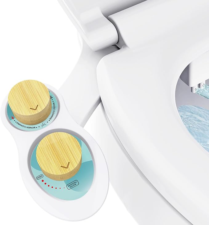 RV Bidet for Camper Toilet, Non-Electric Toilet Sprayer Attachment with Dual Nozzles, Adjustable Pressure, Front/Rear/Self Cleaning, Upgrade for Trailer, Motorhome, RV Bathroom (Bamboo Knob)