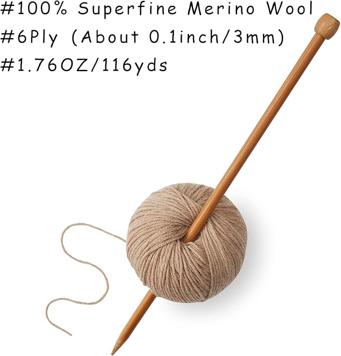 100% Merino Wool Yarn, 6-Ply Luxurious and Soft Yarn for Hand Knitting & Crocheting, 1.76 OZ/50g, 127 yds/116 Meters (Camel, 1 Ball)