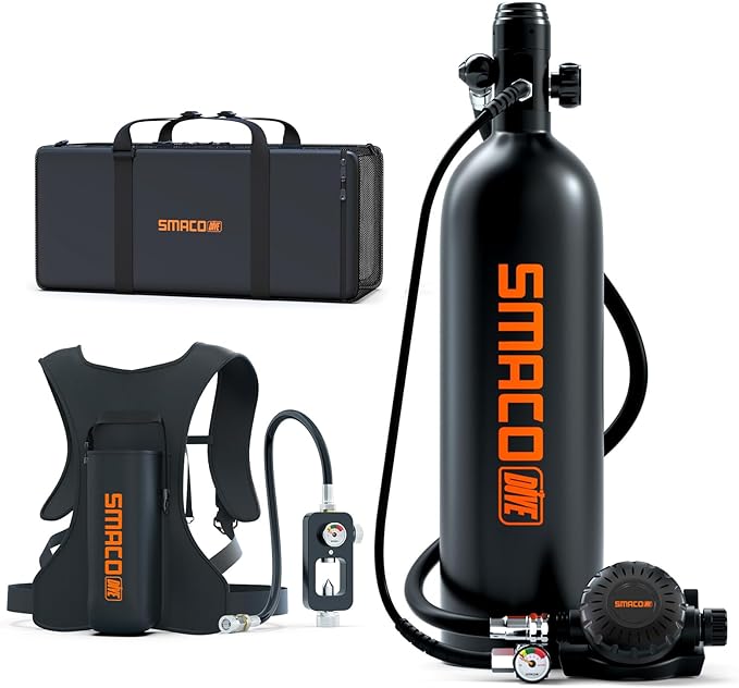 SMACO Mini Scuba Tank 1.9L Capacity Diving Oxygen Tank for Underwater Breathing Reusable Small Scuba Tank Kit with Portable Bag Scuba Cylinder for Underwater Entertainment/Diving Work