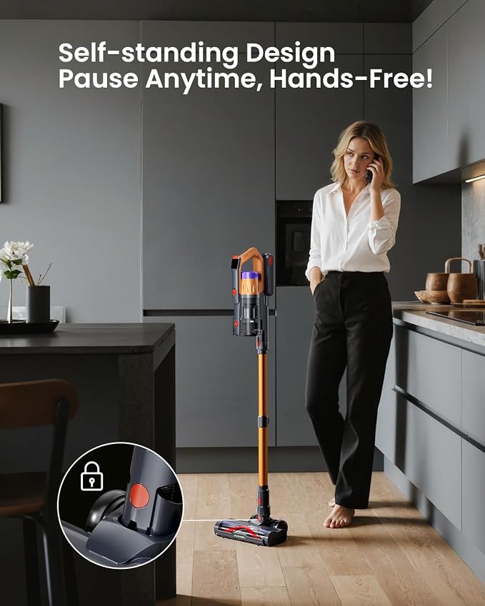 Cordless Vacuum Cleaner for Home, Upgraded 60Kpa Powerful Suction Pet Hair Vacuum with 70min Runtime, Green LED Light for Hardwood Floors & Carpet, Self-Standing Rechargeable Stick Vacuum, Golden