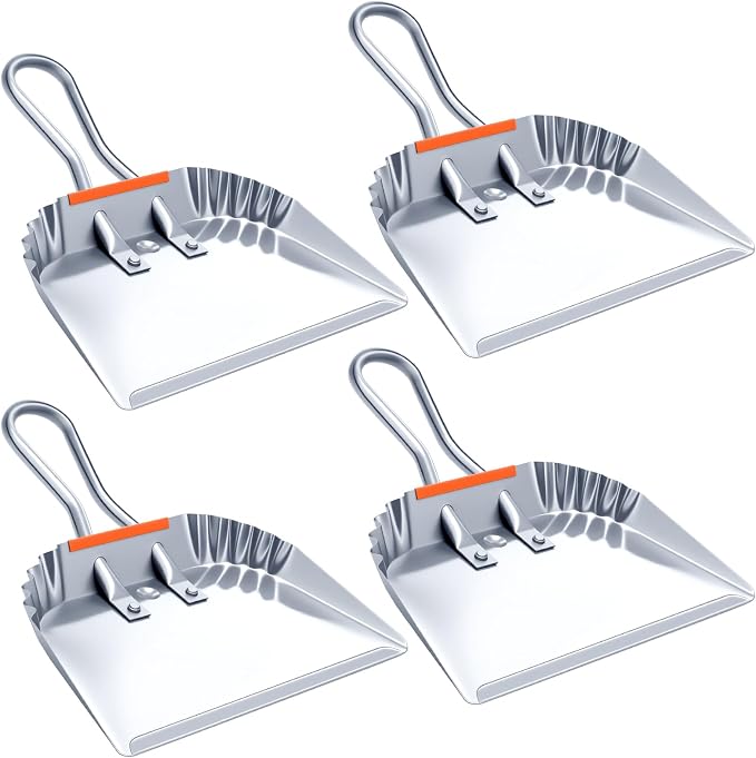 Mumufy 4 Pack Industrial Metal Dustpan 12" Heavy Duty Dust Pan with Handle Handheld Dustpan Wide Scooper Dust Debris Sweeping Tool Precision Edge Ideal for Cleaning Indoor Outdoor Surfaces (Silver)