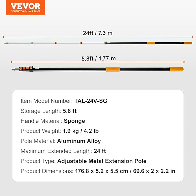 VEVOR Telescopic Extension Pole, 6-24 FT Multi-Purpose Extension Pole, Sturdy Aluminum Alloy Paint Extendable Pole with Flip-Lock Design, Telescopic Pole for Painting, Dusting and Cleaning