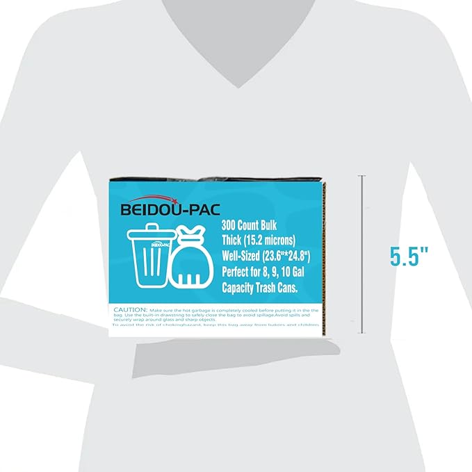 BEIDOU-PAC 8-10 Gallon Trash Bags Drawstring, 300 Count Bulk, Black & Unscented Multi-purpose Garbage Bags for Business Home Bathroom Kitchen Commercial and Industrial