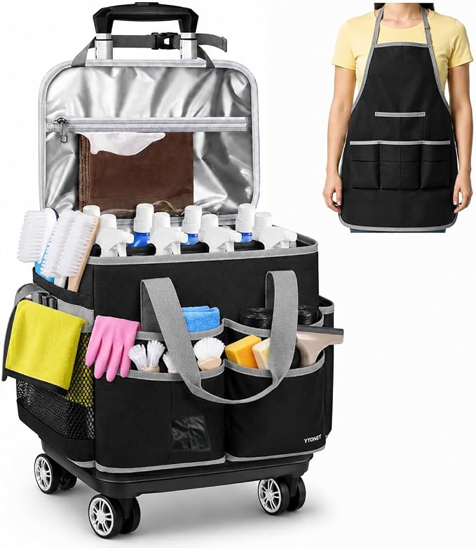 Ytonet Wearable Rolling Cleaning Caddy Bag with Cleaning Apron, Large Cleaning Caddy with 4 Spinner Wheels, Detachable Trolley Portable Cleaning Supplies Organizer Cart for Housekeepers, Utility Bag