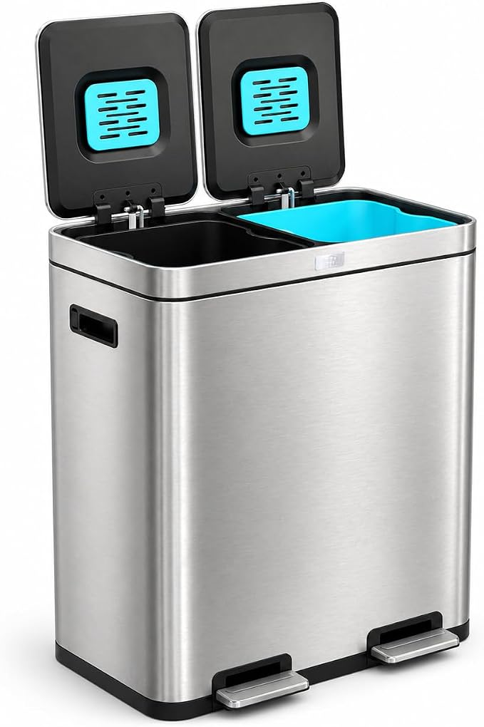 Home Zone Living 16 Gallon Kitchen Trash Can with Dual Compartments | Stainless Steel with CleanAura Odor Control, Soft-Close Step Pedal Lids for Recycling, Silver